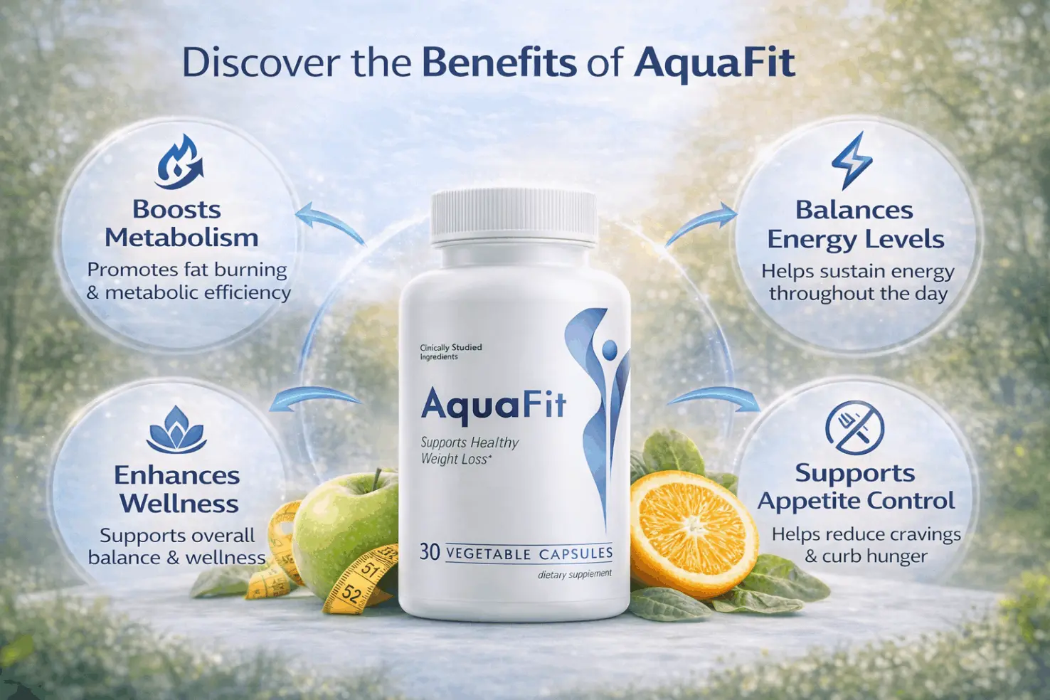 AquaFit supplement benefits overview showing metabolism boost, energy support, and appetite control